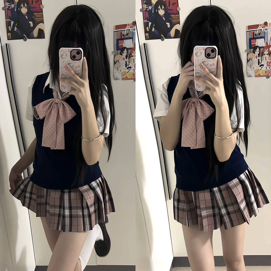 北璃酱jk原创制服针织背心格裙套装春夏秋季甜美可爱叠穿女学院风