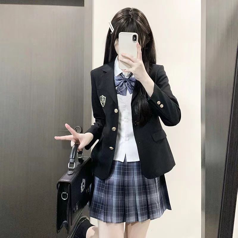 日系学院风西装衬衫格裙套装女小个子正肩收腰显瘦西服原创