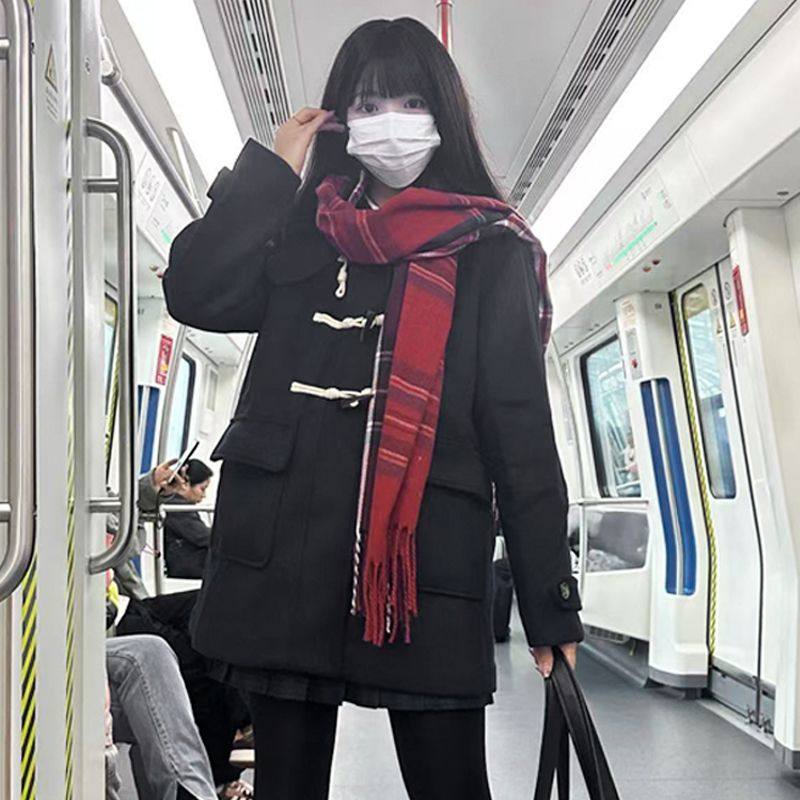 花千猪原创学院风牛角扣大衣小野中外套冬藏青色女毛呢jk制服短款