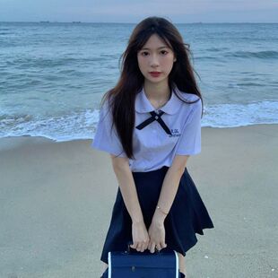 夏季小个子穿搭蓝色短袖衬衫百褶短裙学院风减龄少女jk两件套装