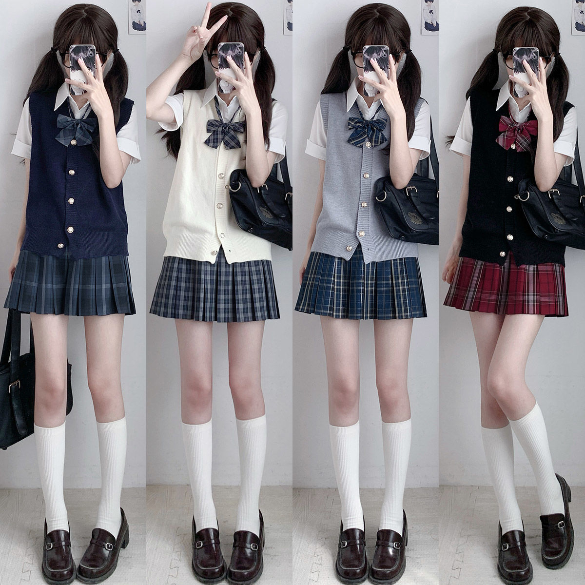 空栗鼠丸jk马甲毛衣格裙衬衫长袖三件套jk制服百褶裙校供jk套装女