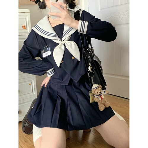 雪河jk制服水手服原创绀色三本正版海军风长短袖夏季学院风套装