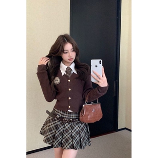 学院风套装秋冬美拉德针织开衫美式校园衬衫学生格子百褶裙两件套