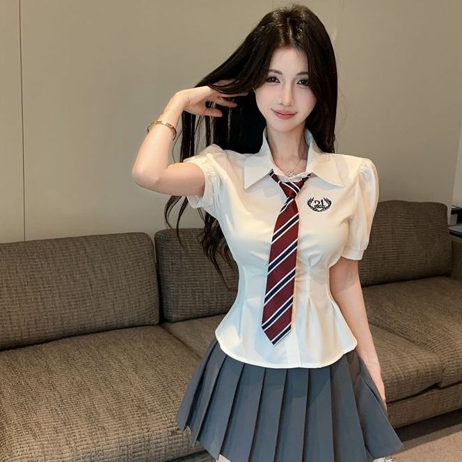 学院jk制服套装夏季收腰泡泡短袖白色衬衫百褶裙辣妹两件套