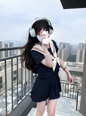 米黄三本原创jk制服女套装中间服基础款绀色jk水手服百褶短裙套装