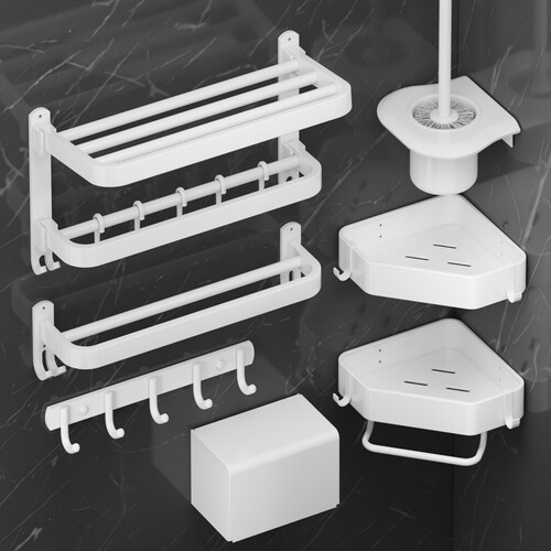 奶油风白色毛巾架套装免打孔浴室双折叠浴巾架卫生间置物架壁挂式
