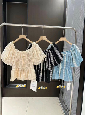 E81576唇蔻特价法式复古方领泡泡袖衬衫女夏季温柔风刺绣小衫衬衣