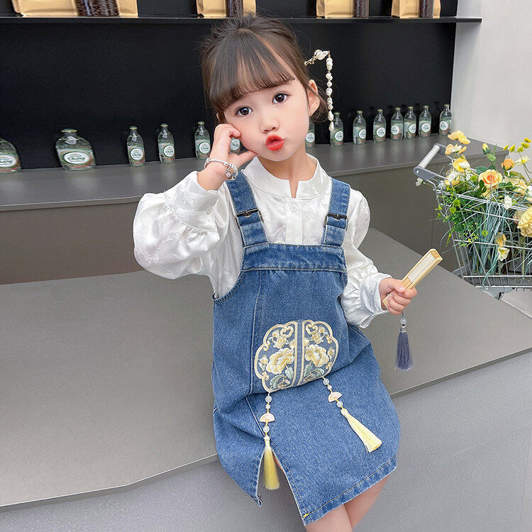 女孩新中式牛仔裙缎面衬衫两件套