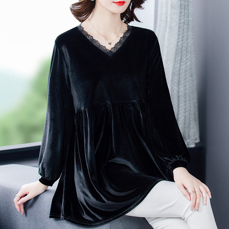 春秋款黑色金丝绒长袖打底衫女百搭高端洋气贵夫人妈妈遮肚子上衣