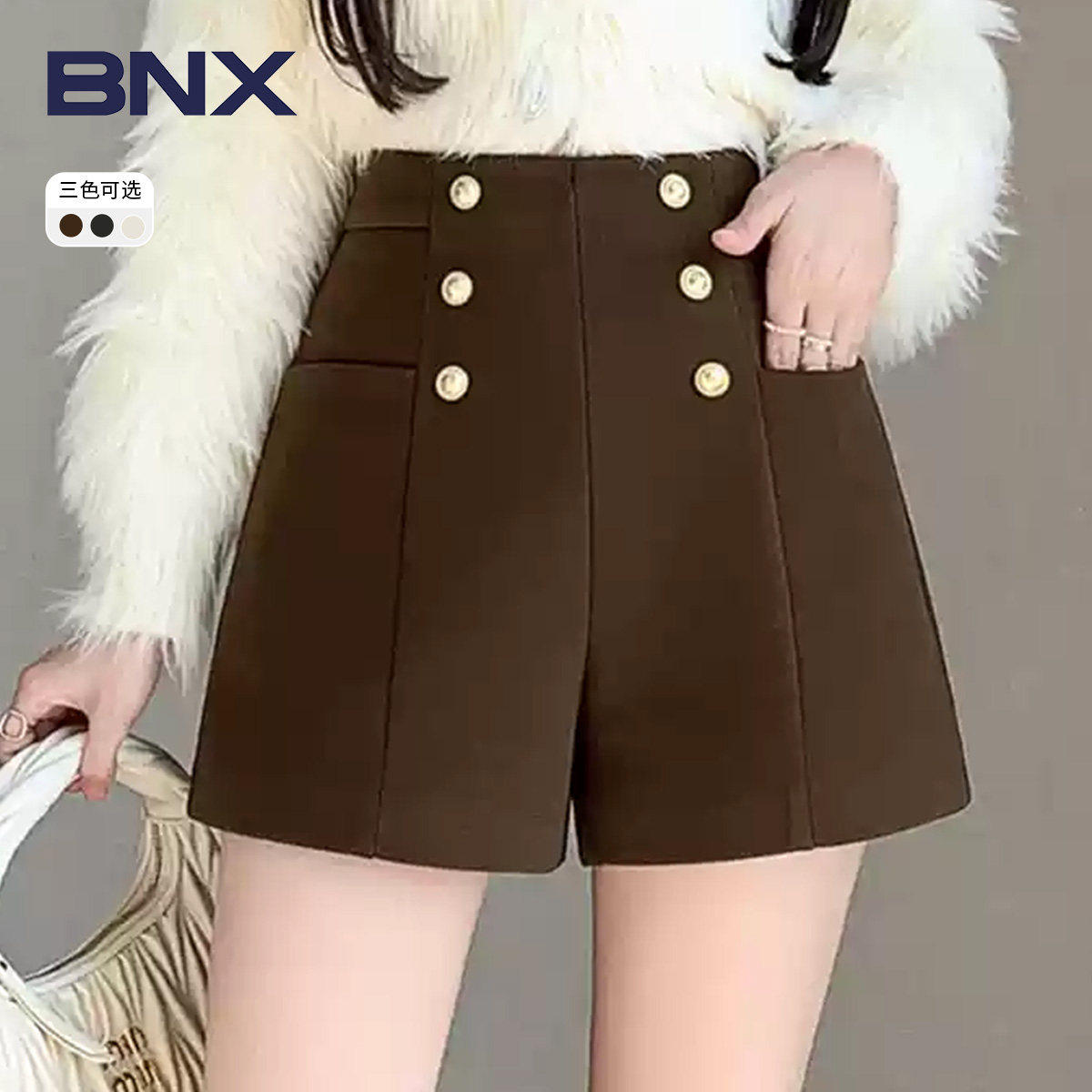 BNX高腰双排扣短裤A字裤显瘦时尚百搭简约女裤流行BSASP005GZ,女装/女士精品,短裤,淘宝优惠券,粉丝福利购,淘宝优惠卷