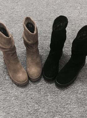 欧美2016秋冬马丁靴圆头短筒平底平跟磨砂褶皱牛皮休闲中筒女靴