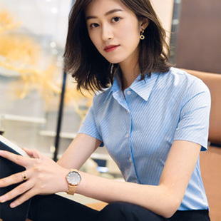 女短袖 工作服修身 2024夏季 气质男女商务正装 条纹衬衣 新款 职业衬衫