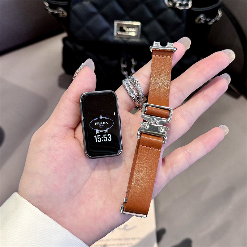 潮流牛头卡扣皮质适用华为9/8NFC手环10表带FIT4轻奢金属高级腕带