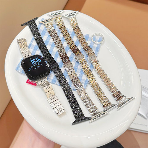 适用七珠细款金属苹果s11表带S10代iwatch98s765蝴蝶扣透气腕带潮