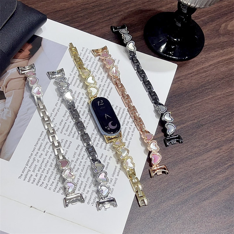 小香风镶钻爱心适用小米110/8NFC手环表带9pro腕带金属轻奢贝壳潮