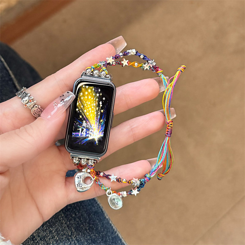 卡通七彩星星猫咪福坨适用华为10/9NFC手环8表带编织Fit4腕带少女