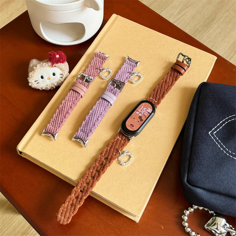 卡通毛绒镶钻猫咪适用小米10/9NFC手环表带8pro腕带挂坠秋冬少女P