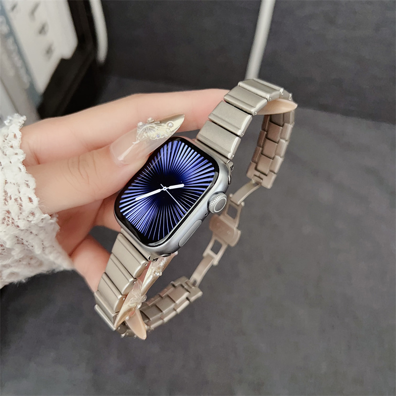 小蛮腰一株蝴蝶扣适用苹果s10表带S9代iwatch8s765腕带金属透气夏