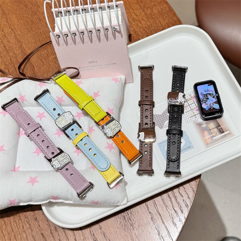 卡通咖啡猫适用华为10/9NFC手环8表带Fit4/3金属皮质腕带轻奢少女