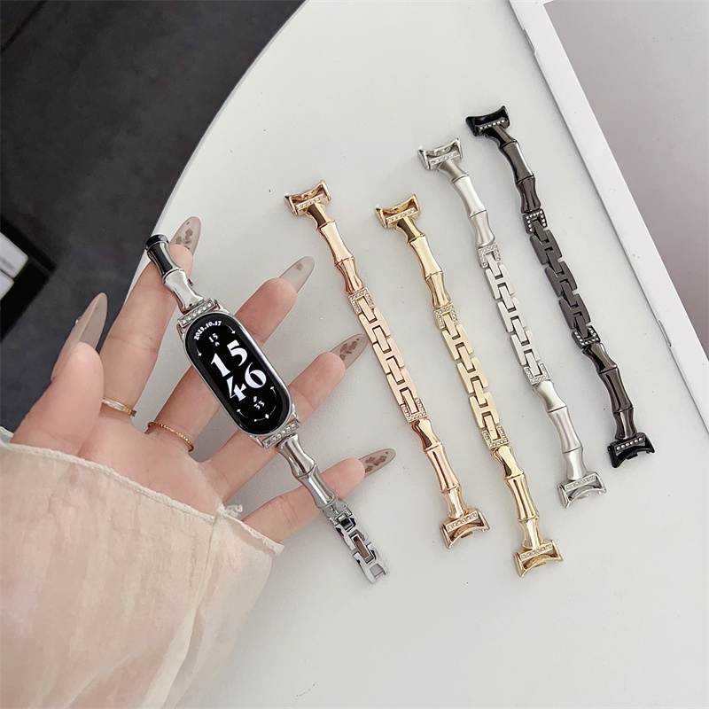 小清新一株竹节适用小米10/8NFC手环表带金属9pro链式腕带少女潮