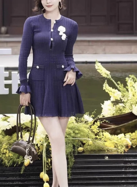 SP2025秋冬藏蓝色镂空钩花罗纹针织长袖连衣裙短裙