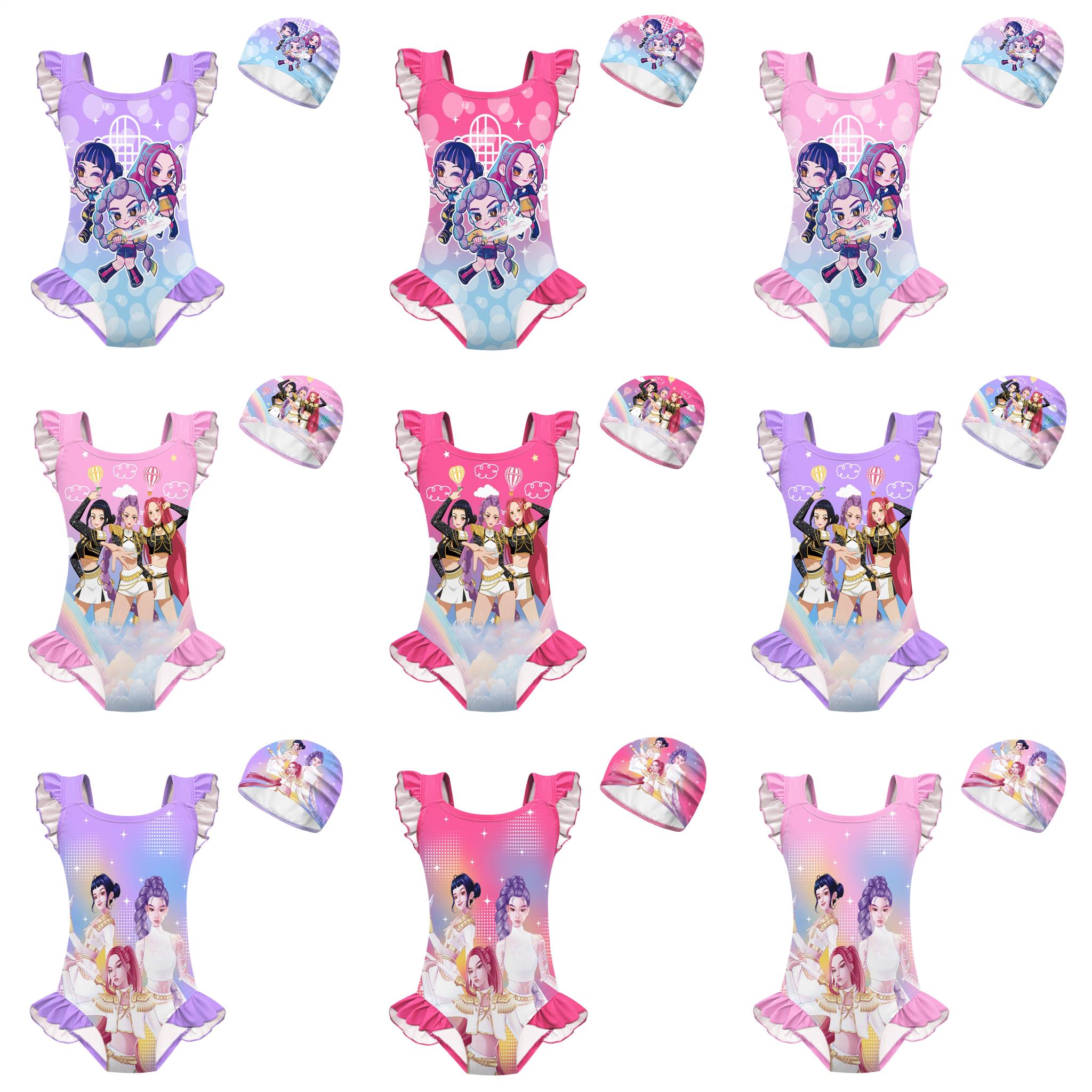 新款夏季儿童泳衣K-POP猎魔女团cosplay印花女童连体花边泳衣套装