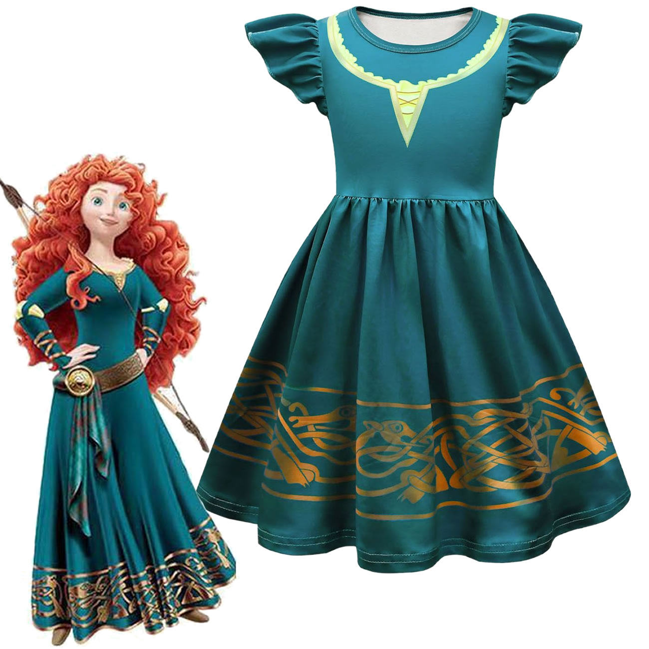 夏季新款braver勇敢传说梅莉达女童演出飞飞袖裙a字裙儿童连衣裙