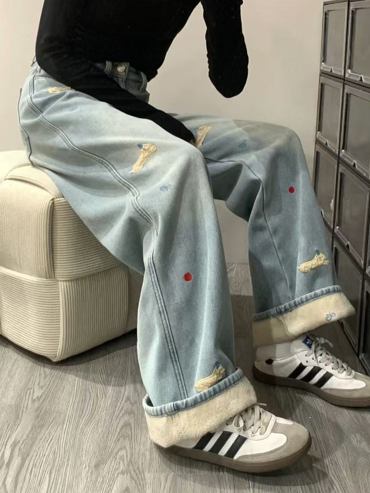 Dachshund Embroidered Straight Leg Denim Pants for Women Autumn Winter Plus Size High Waist Loose Fitting Slimming Fluffy Wide Leg Trousers