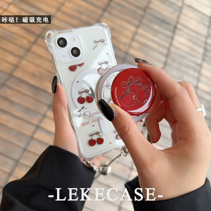 磁吸红色樱桃蝴蝶结适用iphone15手机壳挂绳斜挎可背苹果16promax四角开孔13背带斜跨14链条可调节11支架12