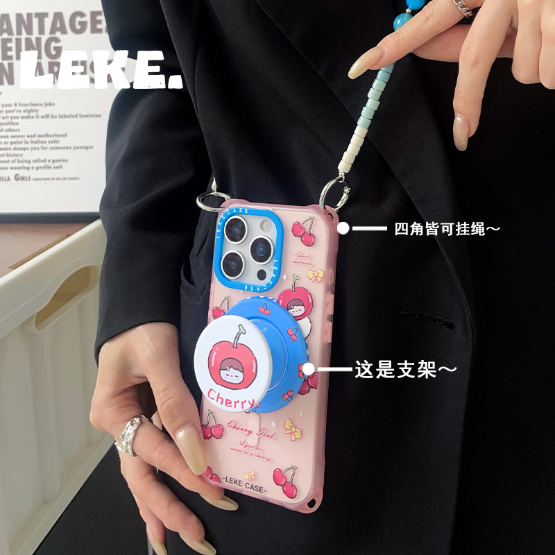 樱桃女孩韩系适用苹果16手机壳带挂绳13斜挎可背iphone15promax四角开孔背带14磁吸支架12链条手提16pro挂链