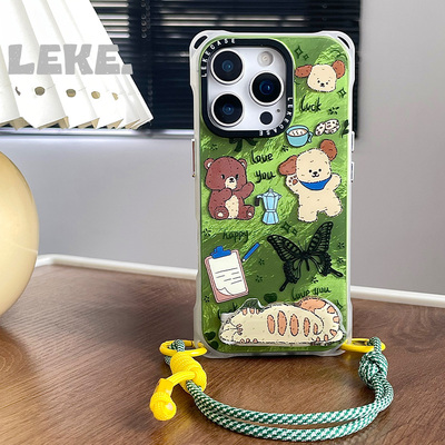 小狗涂鸦手机壳带挂绳斜挎链支架