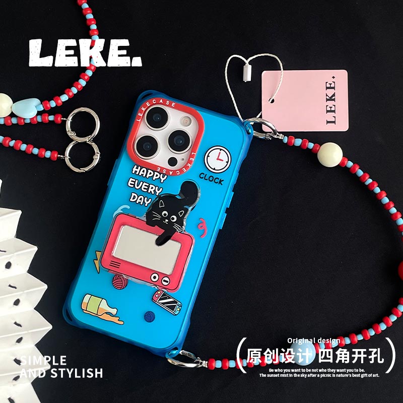 可爱游戏猫咪适用苹果14手机壳带挂绳15斜挎可背iphone16promax四角开孔13镜面支架11斜跨12链条手提16挂链