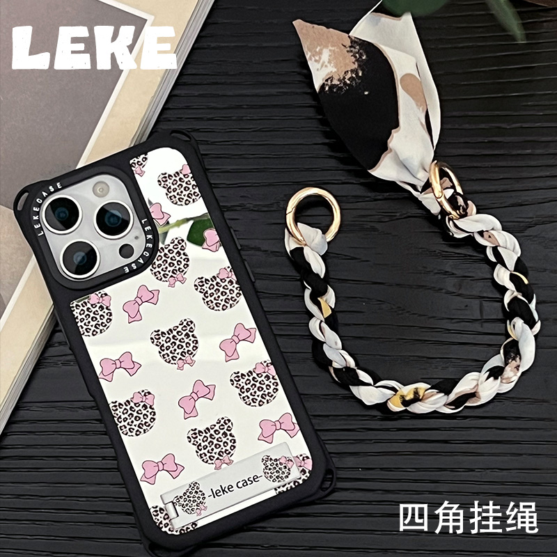 豹纹小熊镜面手机壳挂绳丝巾手提