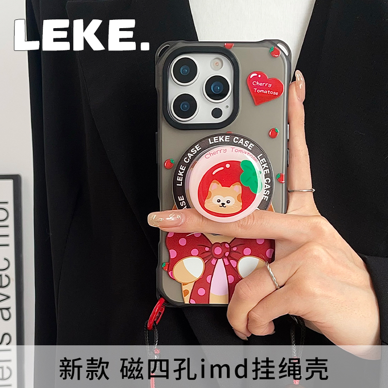 蝴蝶结猫咪磁吸适用苹果13手机壳挂绳斜挎可背iphone16promax四角开孔imd15带支架斜跨14链条手提12挂链16