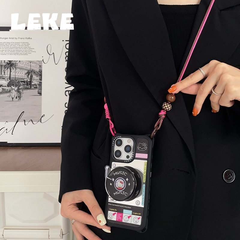 黑胶唱片猫咪高级适用苹果14手机壳带挂绳17斜挎可背iphone15promax四角开孔镜面13背带12链条16pro挂链华为