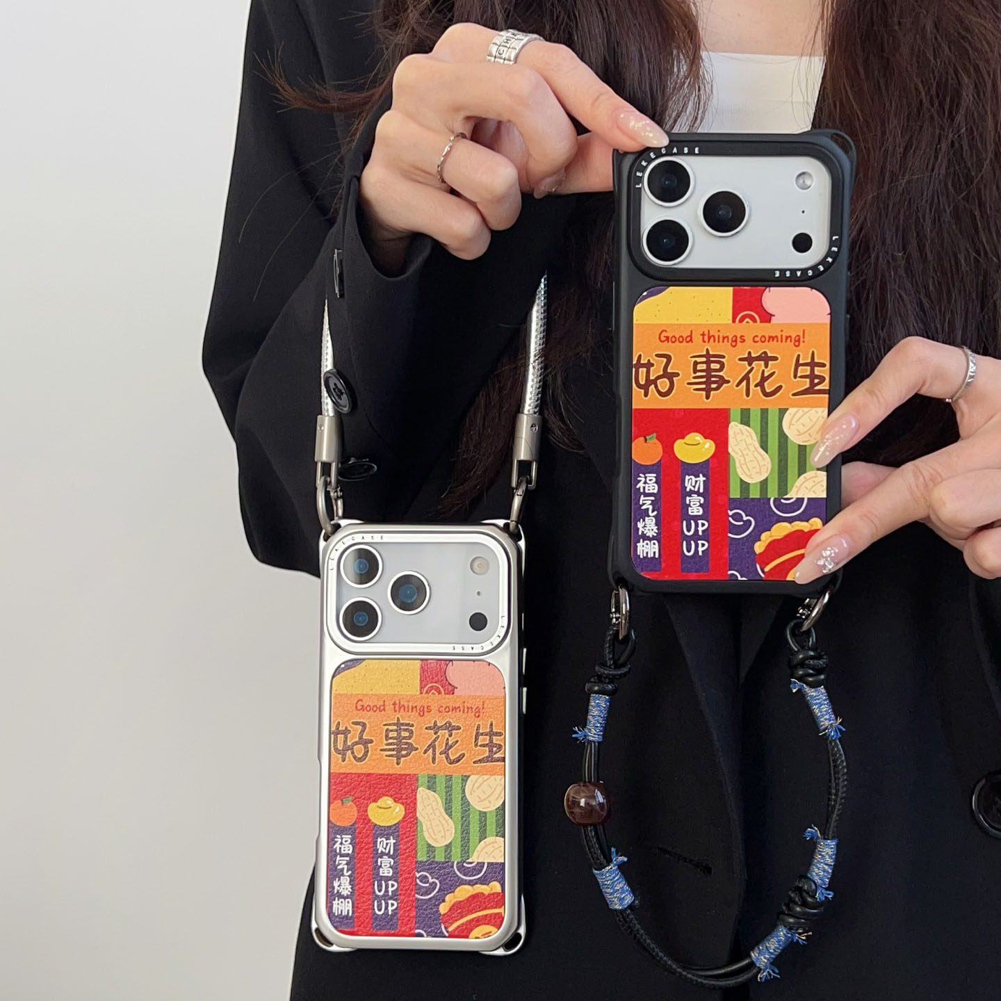 2026好事花生~适用iphone17手机壳带挂绳16斜挎可背苹果15promax四角防摔13手提小米14手腕12懒人p70小羊皮15