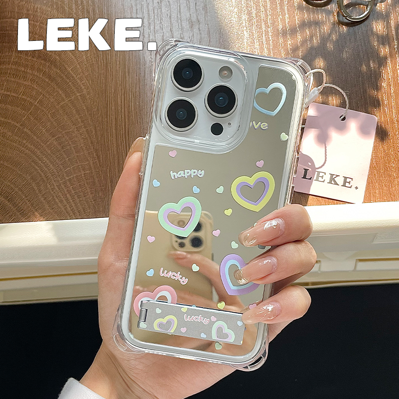 韩系爱心镜面手机壳挂绳斜挎支架