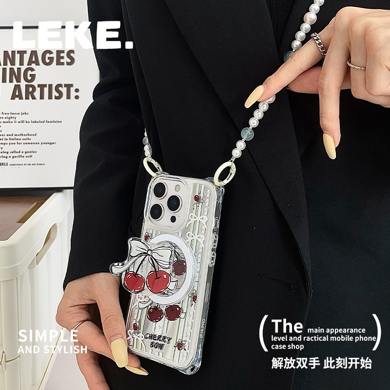 蕾丝樱桃蝴蝶结适用苹果15手机壳带挂绳13斜挎可背iphone16promax四角开孔镜面14磁吸支架12斜跨11链条16手提