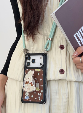 梦幻花园小兔~适用iphone17手机壳带挂绳16斜挎可背苹果15promax四角防摔13手提小米14手腕12懒人p80小羊皮