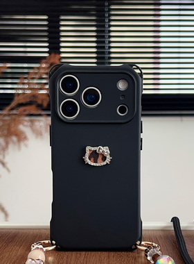 韩系豹纹小猫咪~适用苹果13手机壳带挂绳16手腕苹果17promax四角防摔p80链条15手提小米14懒人17挂链11串珠12