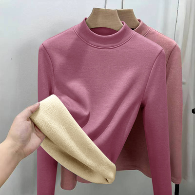 半高领加绒加厚长袖打底衫女秋冬2024新款羊羔绒保暖内搭t恤上衣