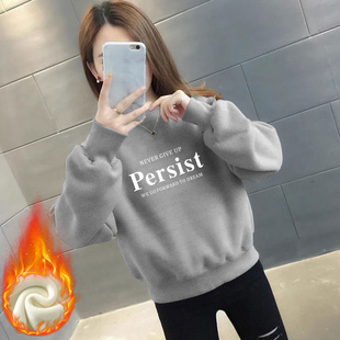 灰色圆领卫衣女秋冬2024年新款 套头上衣 加绒休闲百搭无帽印花长袖