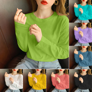 ins潮小众宽松百搭上衣减龄糖果色打底衫 纯棉t恤女2022年春季 新款