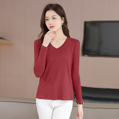 低领保暖打底衫女2024新款秋冬双面磨绒V领内搭外穿显瘦秋衣上衣