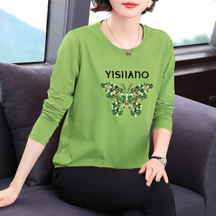 新款 妈妈装 纯棉长袖 t恤上衣女2024秋季 洋气百搭中年打底秋衣 时尚