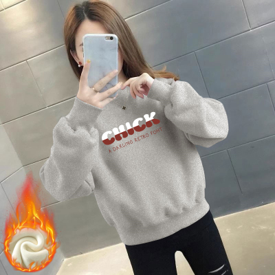 休闲无帽套头加绒加厚卫衣女2024新款韩版宽松小个子圆领上衣外套
