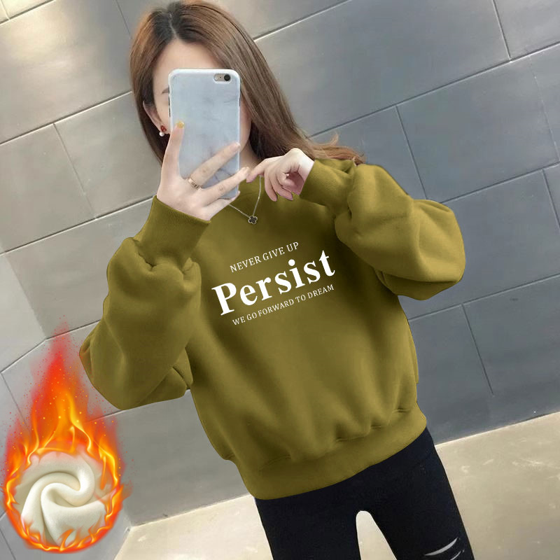 韩系圆领长袖加绒加厚卫衣女2025秋冬季新款百搭休闲无帽套头上衣