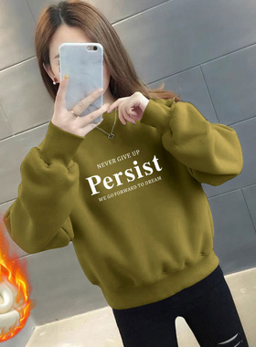 韩系圆领长袖加绒加厚卫衣女2025秋冬季新款百搭休闲无帽套头上衣