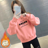 保暖长袖 秋冬新款 休闲无帽圆领卫衣女设计感加绒加厚印花大码 上衣