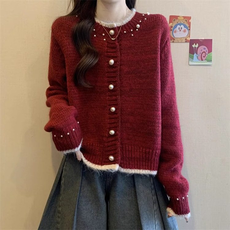 设计感软糯钉珠拼色短款开衫针织毛衣女春秋新款宽松百搭别致上衣